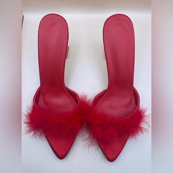 Red Satin Feather Mule Heels • Gold Block Heel • EU 40 (US 9–9.5) - Picture 5 of 8